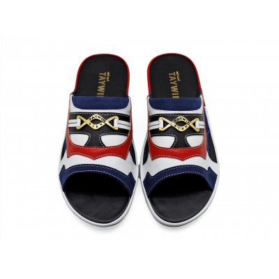 Men Sandals SKF-39 Navy Suede-White-Red Nappa Microfiber Leather